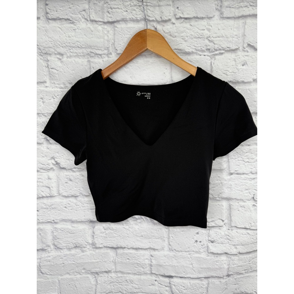 OFFLINE by Aerie Black V Neck‎ Short Sleeve Crop Top Womens Size M Athleisure